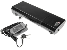 Porte bagages arrière batterie e-bike pour insertion 8.8Ah 24V noir + chargeur